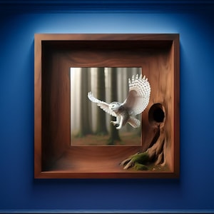 May include: A framed print of a snowy owl in flight, with a tree trunk and a hole in the background. The owl is white with black markings and has yellow eyes. The print is set against a blue wall.