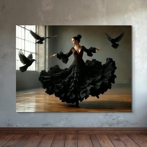 May include: A woman in a black flamenco dress dances with her arms outstretched. Three black birds fly in the background.