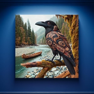 Haida First Nations Black Raven Wall Art Unique Abstract Raven Pacific Northwest Tribal Aesthetic Canoe Gift PNW Wildlife Lodge Cabin Decor