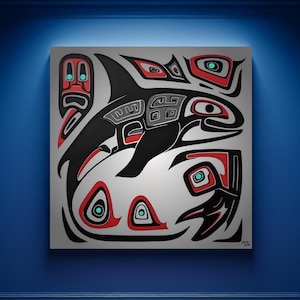 First Nations Orca Abstract Pacific Northwest Pop Art Mid-Century Oil Paint Render PNW Orca Haida Stylized Graphic Lodge Cabin Gift Shop Art