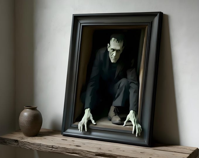 Frankenstein "Escaping Criticism" Canvas Art Fun 3D Unique Optical Illusion Monster Inspired By Borrell Frame Is Part Of The Image Not Real
