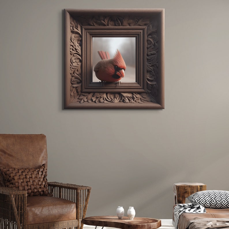 May include: A framed print of a red cardinal bird perched on a branch, with a detailed ornate wooden frame.