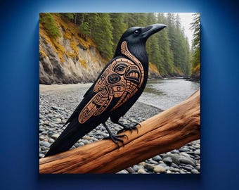 Raven Wall Art Unique Abstract Raven Pacific Northwest Haida Coast Salish Inspired Aesthetic PNW Wildlife Lodge Cabin Decor