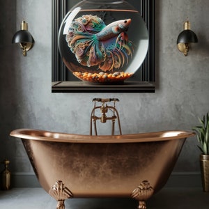 May include: A colorful betta fish with intricate, swirling fins swims in a glass bowl. The bowl is filled with orange and brown pebbles and sits on a black shelf.