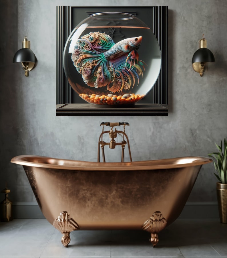 May include: A colorful betta fish with intricate, swirling fins swims in a glass bowl. The bowl is filled with orange and brown pebbles and sits on a black shelf.