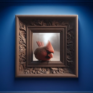 May include: A framed painting of a red cardinal bird perched on a windowsill, looking out at a foggy forest scene.