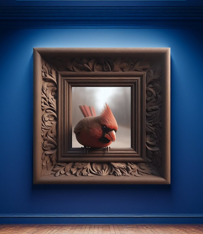 May include: A framed painting of a red cardinal bird perched on a windowsill, looking out at a foggy forest scene.