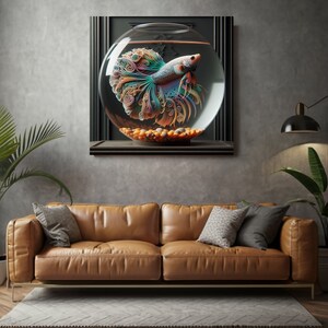 May include: A colorful, paper-like betta fish swims in a glass sphere against a dark gray background. The fish is surrounded by small, orange and brown pebbles. The sphere is framed by a dark wood frame.
