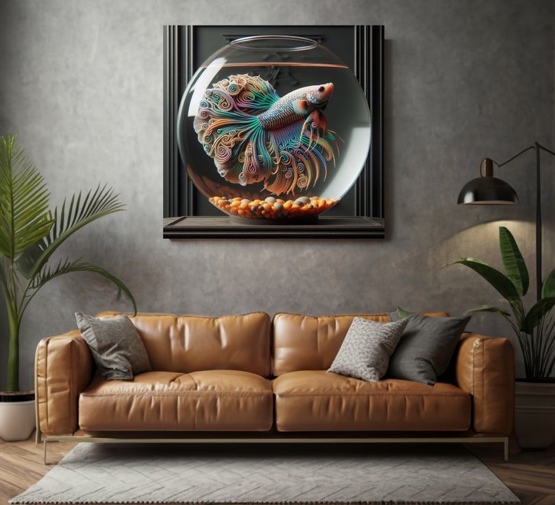May include: A colorful, paper-like betta fish swims in a glass sphere against a dark gray background. The fish is surrounded by small, orange and brown pebbles. The sphere is framed by a dark wood frame.