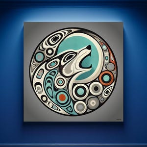 First Nations Wolf Abstract Pacific Northwest Pop Art Mid-Century Oil Paint Render PNW Wolf Haida Stylized Graphic Lodge Cabin Gift Shop Art