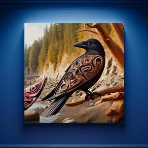 Haida First Nations Black Raven Wall Art Unique Abstract Raven Pacific Northwest Tribal Aesthetic Canoe Gift PNW Wildlife Lodge Cabin Decor