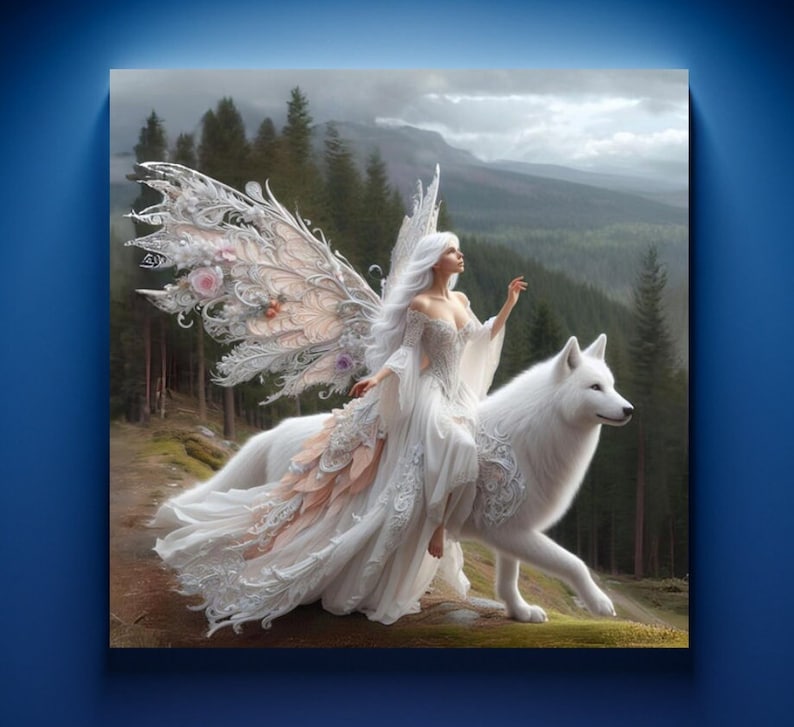 White Fairy White Wolf Fantasy Wall Art Canvas Print Radiant Fairy Wolf ...