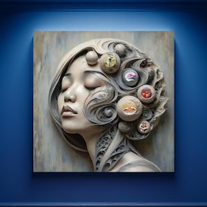 May include: A 3D sculpture of a woman's face with intricate paper curls and details. The woman's eyes are closed and her face is serene. The sculpture is painted in shades of gray and white, with hints of color in the details.