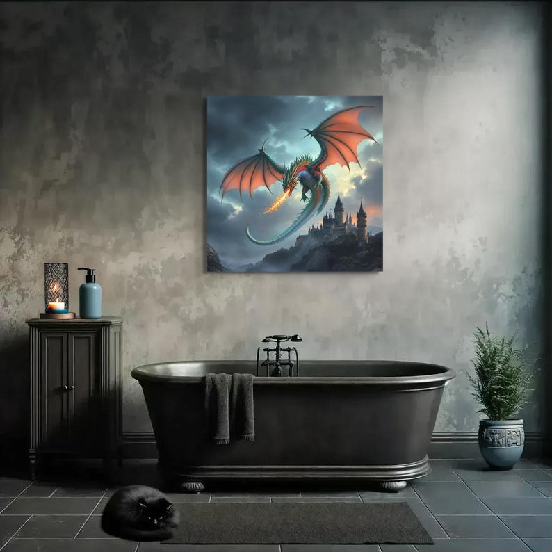 Dragon Fantasy Wall Art Dragon in Flight Medieval Castle Fire Breathing ...