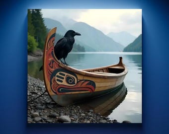 May include: A black raven perched on the bow of a wooden canoe with intricate carvings. The canoe is resting on a rocky shore with a lake and mountains in the background.