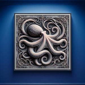 May include: A detailed, intricate, black and white illustration of an octopus with swirling tentacles, framed in a square, ornate, decorative frame.