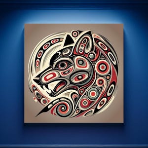 First Nations Wolf Abstract Pacific Northwest Pop Art Mid-Century Oil Paint Render PNW Wolf Haida Stylized Graphic Lodge Cabin Gift Shop Art