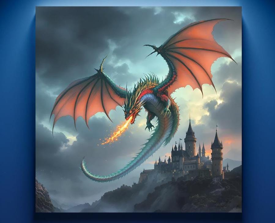 Dragon Fantasy Wall Art Dragon in Flight Medieval Castle Fire Breathing ...