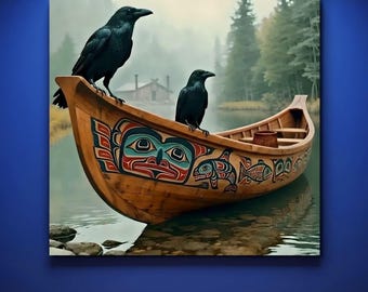 May include: A wooden canoe with intricate Native American artwork, featuring two black crows perched on the edge. The canoe floats on calm water, with a backdrop of a misty forest and a small cabin. The artwork includes red, blue, and black designs.