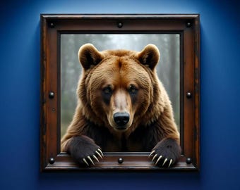 Grizzly Bear Wall Art 3D Unique Optical Illusion Photo Realistic Grizzly Rustic Frame Alaska Wildlife *Frame Is Part Of The Image, Not Real*