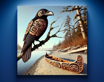 May include: A black raven with intricate geometric patterns sits on a branch overlooking a wooden canoe on a sandy beach. The canoe is decorated with colorful geometric patterns and is resting on the shore of a calm body of water.