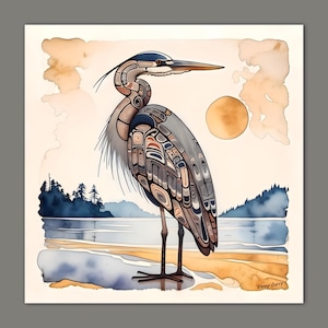 K&ouml;nnte beinhalten: Aquarellmalerei eines Graureihers in einer K&uuml;stenlandschaft. Der Vogel ist mit komplizierten Mustern in Braun-, Grau- und Blaut&ouml;nen dargestellt. Eine gelbe Sonne und eine K&uuml;stenlinie mit B&auml;umen befinden sich im Hintergrund. Signiert "Danny Curry".