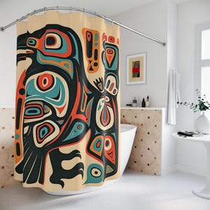 May include: A shower curtain featuring a colorful, stylized design of a raven with geometric patterns in shades of blue, orange, red, and black on a beige background.