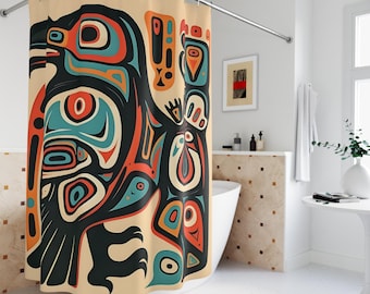 Duschvorhang Raben Haida Formline Inspiriert Abstrakter Raben Duschvorhang Mid-Century MCM Pop Art Basiert auf Original Ölfarbe Render