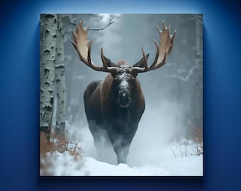 Moose Wall Art Bull Moose Antlers Beautiful Winter Snow Scene Alaska Wilderness Wildlife Canvas Print Photo Realism Lodge Cabin Camp Decor