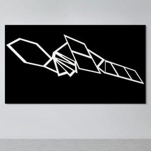 May include: Abstract geometric art print with a white design on a black background. The design is made up of overlapping geometric shapes that create a sense of movement and depth.