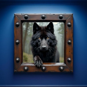 May include: A framed image of a black wolf with amber eyes. The wolf's paw rests on the frame's edge. The frame is dark brown with decorative metal studs. The background shows a misty forest, set against a blue wall.