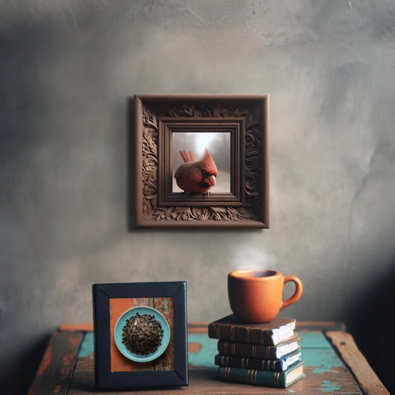 May include: A framed picture of a red cardinal bird inside a brown wooden frame with ornate details. A small black picture frame with a blue plate of birdseed inside sits on a wooden table with a stack of books and a brown ceramic mug.