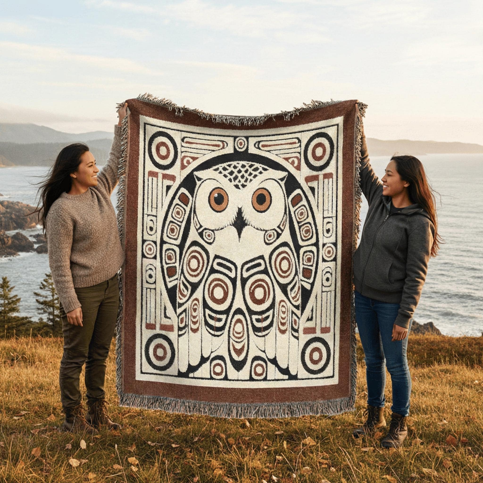 Owl Woven Blanket 100% Cotton USA Pacific Northwest Haida Inspired Coastal Tribal MCM Design Cabin L