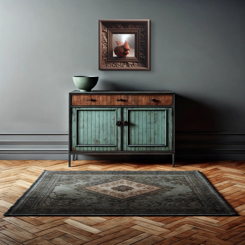 May include: A vintage-style cabinet with two doors and a drawer. The cabinet is painted a light blue color with a distressed finish. The cabinet is sitting on a dark wood floor with a patterned rug in front of it. A framed picture of a cardinal is hanging on the wall above the cabinet.