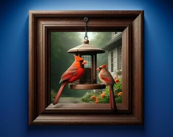Cardinal Bird Feeder Wall Art 3D Unique Optical Illusion Cardinal Pair Bird Watcher Birder Gift *Walnut Frame, Part Of The Image, Not Real*