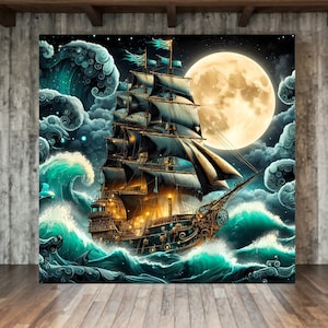 Nautical Wall Art Galleon Ship On Rough Seas Waves Full Moon Gift Shop Decor Scuba Decor Beach Pub Decor Home Bar Decor Large Canvas Print
