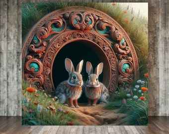 Bunny Wall Art Cottagecore Muted Colors Bunnies Two Cottontail Bunnies Gift Canvas Print Bunny Den Kid's Room Nursery Decor Valentines Gift