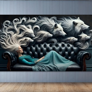 May include: A large canvas art print depicts a woman reclining on a black leather sofa, her hair flowing into the forms of white wolves. She wears a teal dress. The artwork has a surreal, dreamlike quality.