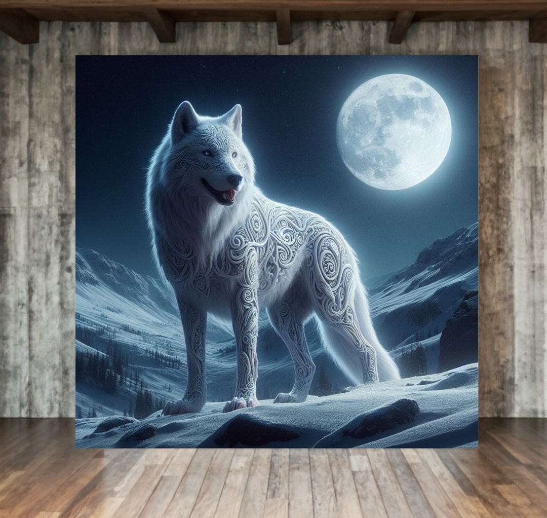 White Wolf Full Moon Wall Art Canvas Print Wolf Lover Gift Mountain ...