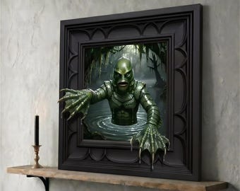 Creature From The Black Lagoon Canvas Art 3D Unique Trompe-l'œil Optical Illusion Classic Monster *Frame Is Part Of The Image Not Real*