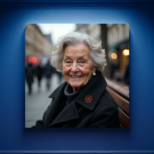 May include: A smiling older woman with gray hair wearing a black coat and a red and gold pin. She is sitting on a bench in a city street.