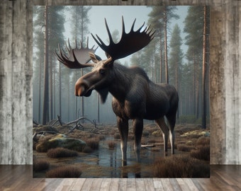 Wildlife Wall Art Moose Wilderness Pine Bog Canvas Print Cottagecore Lodge Decor Cabin Decor Moose Nickname Gift Moose Nature Lover Gift Art