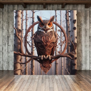 Owl Wall Art Great Horned Owl Cottagecore Canvas Art Birders Gift Abstract Art Owl Lover Gift Wildlife Wall Art Birders Owl Polymer Effect