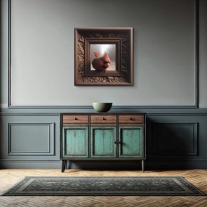 May include: A vintage-style cabinet with three drawers and four doors painted in a teal blue color with distressed wood accents. The cabinet is sitting on a dark gray rug in front of a gray wall with a framed picture of a red cardinal.