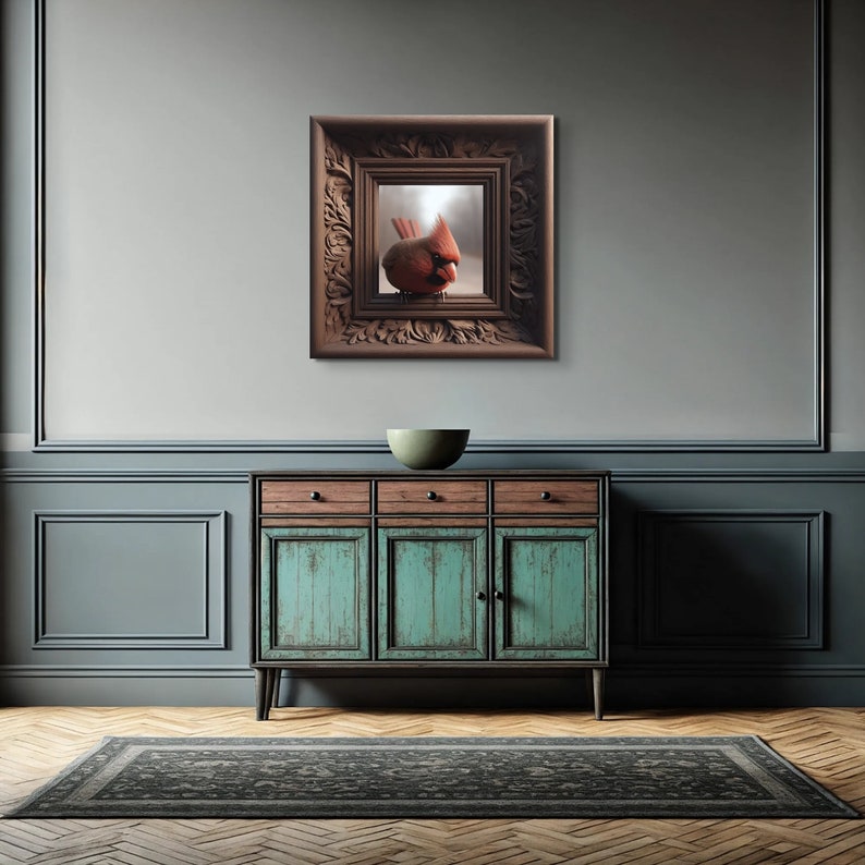 May include: A vintage-style cabinet with three drawers and four doors painted in a teal blue color with distressed wood accents. The cabinet is sitting on a dark gray rug in front of a gray wall with a framed picture of a red cardinal.
