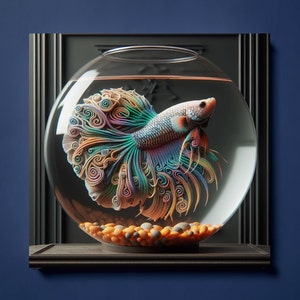 May include: A colorful, iridescent betta fish with a long, flowing tail swims in a glass bowl. The fish is surrounded by small, orange and brown pebbles.