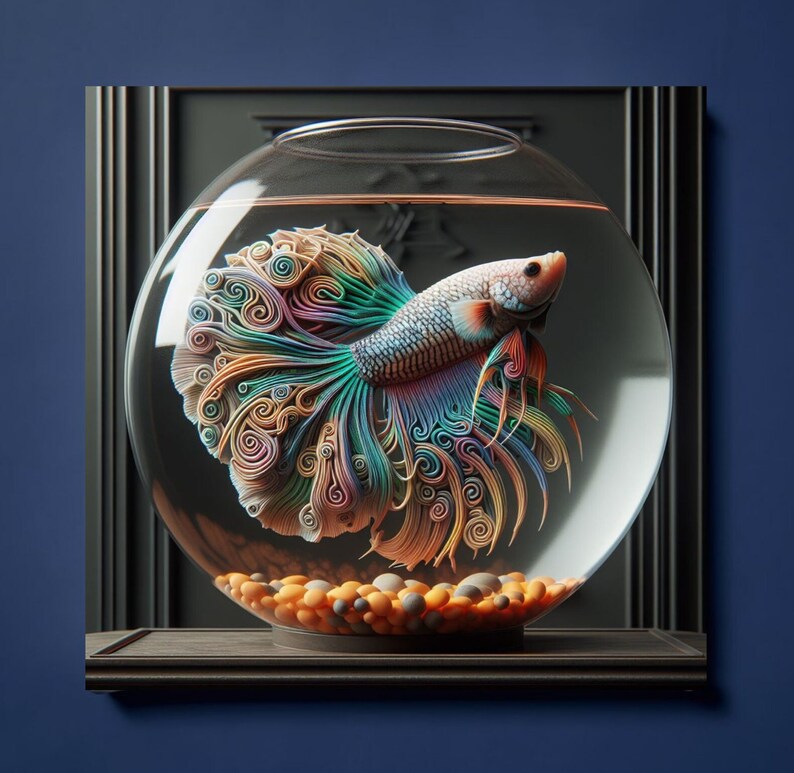 May include: A colorful, iridescent betta fish with a long, flowing tail swims in a glass bowl. The fish is surrounded by small, orange and brown pebbles.