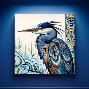 May include: A blue and green heron with intricate geometric patterns on its feathers, set against a white background with stylized green reeds and blue and white geometric shapes. The heron is facing left and has a long, thin beak. The artwork is signed "Danny Gray" in the bottom right corner.