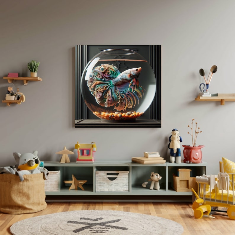 May include: A colorful paper quilled betta fish in a glass bowl with orange and brown gravel. The bowl is on a wooden shelf with a gray background.