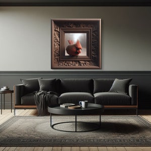 May include: A red cardinal bird perched on a branch inside a dark wood frame with ornate carvings. The frame is hanging on a gray wall above a black sofa.